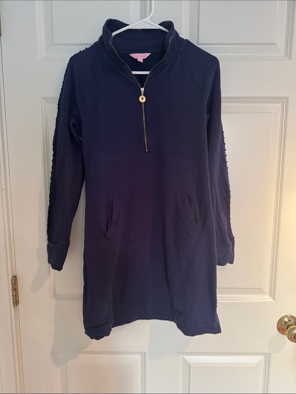Navy Half-Zip Pullover Dress with Gold Zip
